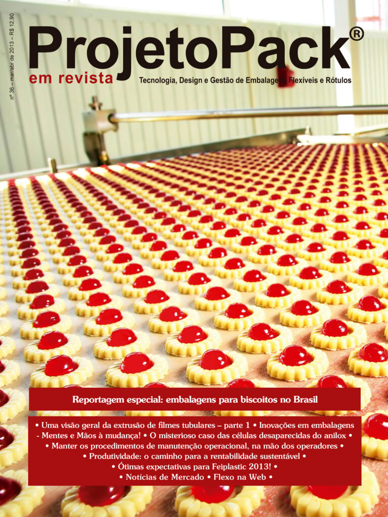 Reportagem especial: embalagens para biscoitos no Brasil • Uma visão geral da extrusão de filmes tubulares – parte 1 • Inovações em embalagens • Mentes e Mãos à mudança! • O misterioso caso das células desaparecidas do anilox • Manter os procedimentos de manutenção operacional, na mão dos operadores • Produtividade: o caminho para a rentabilidade sustentável • Ótimas expectativas para Feiplastic 2013! • Notícias de Mercado • Flexo na Web