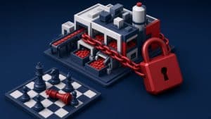 Ilustração de fábrica de tampas plásticas acorrentada com cadeado ao lado de um tabuleiro de xadrez