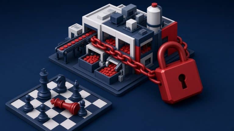 Fábrica de tampas acorrentada com cadeado ao lado de um tabuleiro de xadrez, ilustrando o confisco da Aptar na Rússia