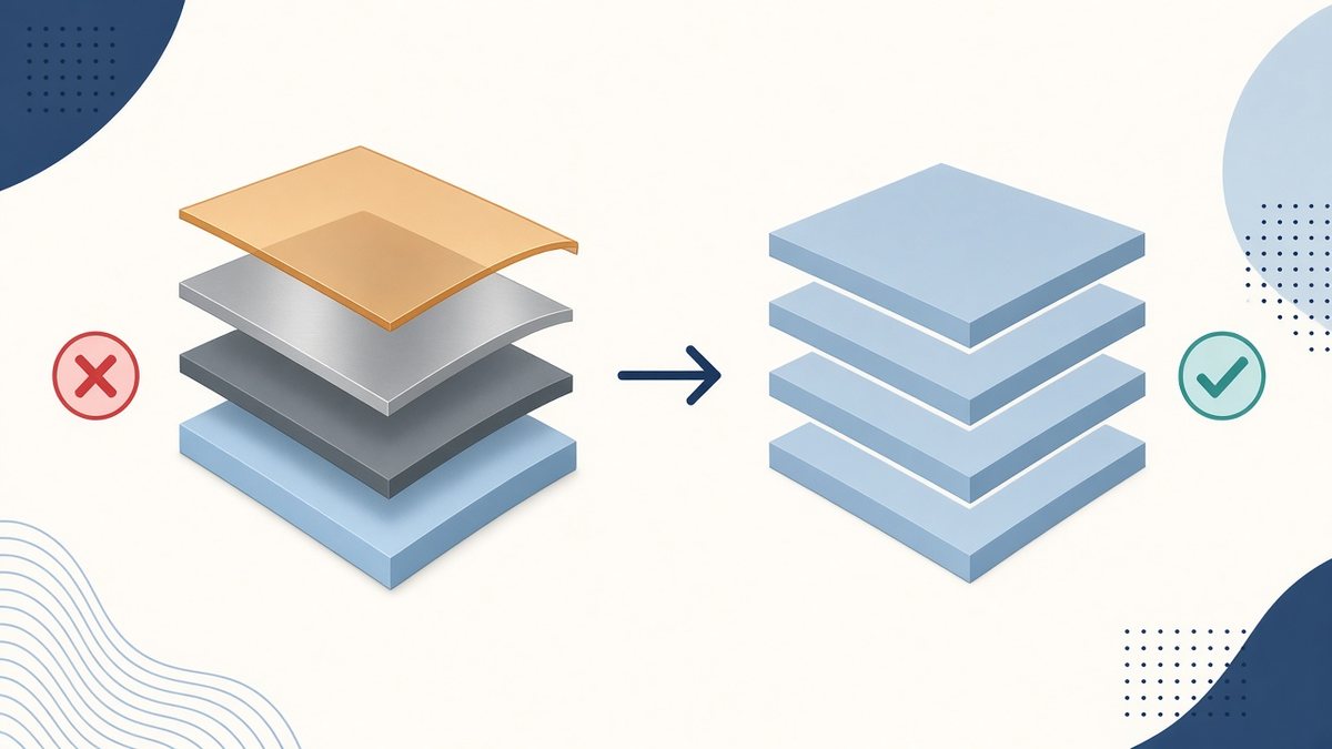 Comparação entre um laminado multimaterial, com camadas de materiais diferentes, e uma embalagem monomaterial, com todas as camadas do mesmo polímero