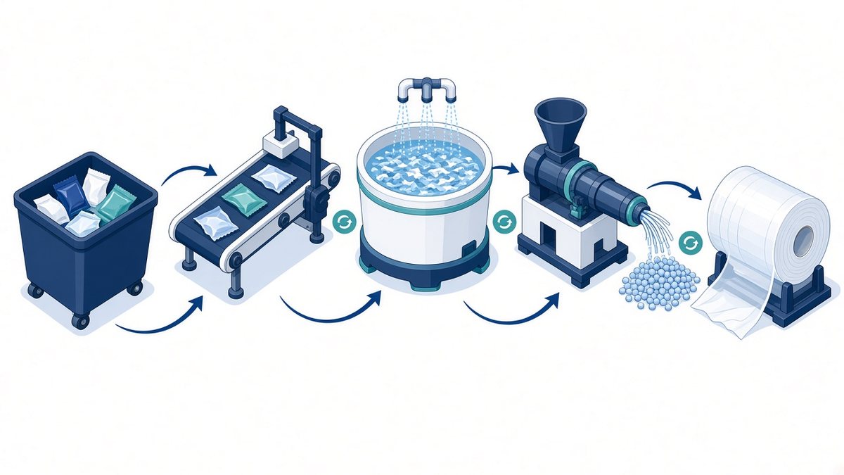 Etapas da reciclagem mecânica de embalagens flexíveis: coleta, triagem, lavagem, extrusão em grânulos e novo filme