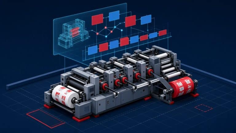 Impressora flexográfica com gêmeo digital e tela de sequenciamento da produção, representando o PCP com IA em uma convertedora