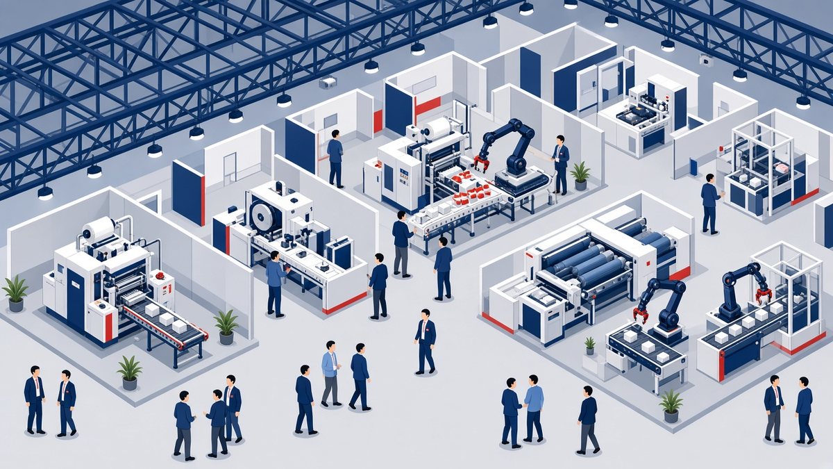 Pack Expo 2026: pavilhão de uma feira internacional de embalagens, com máquinas de conversão e visitantes