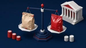 Ilustração de balança com embalagem de papel e embalagem plástica diante de um prédio de governo