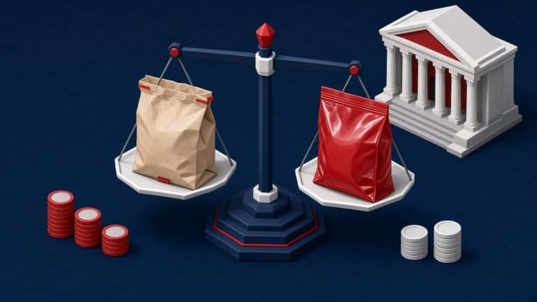 Balança com embalagens de papel e sachês plásticos diante de um prédio do governo, simbolizando o lobby na disputa papel contra plástico