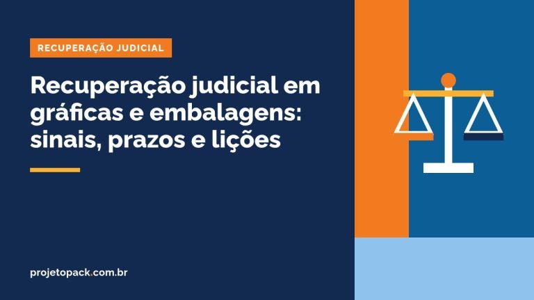 Recuperação judicial em gráficas e embalagens: balança da Justiça sobre fundo azul-marinho