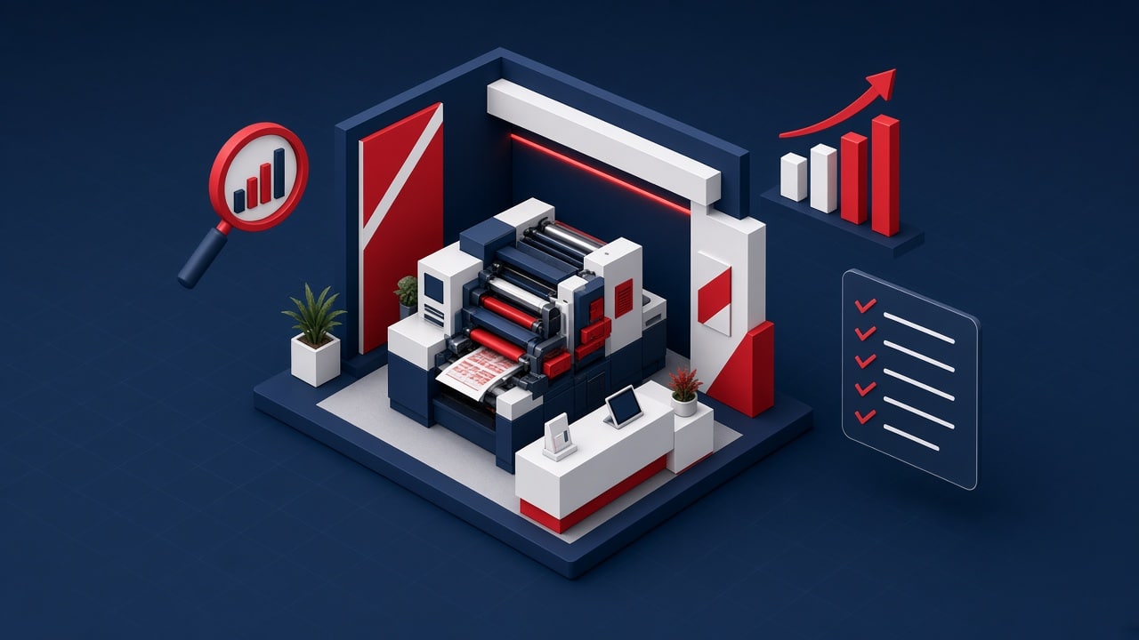 Ilustração de estande de feira com impressora de rótulos, gráfico de resultados e lista de verificação