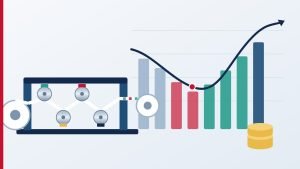 Turnaround de gráficas: impressora com a linha de resultados caindo e voltando a subir