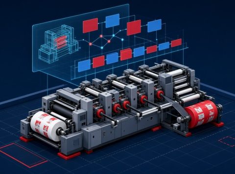Impressora flexográfica com gêmeo digital e tela de sequenciamento da produção, representando o PCP com IA em uma convertedora