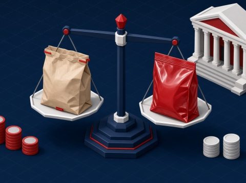 Balança com embalagens de papel e sachês plásticos diante de um prédio do governo, simbolizando o lobby na disputa papel contra plástico