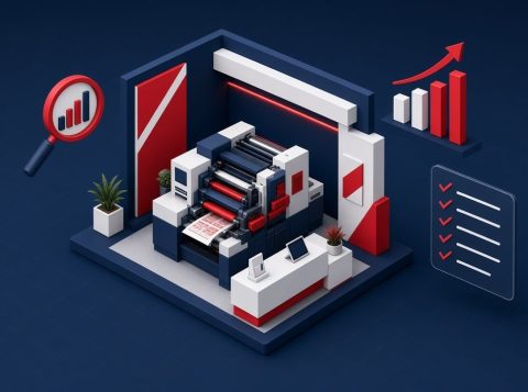 Estande de feira com impressora de rótulos, gráfico e checklist, ilustrando como medir os resultados de feiras do setor gráfico