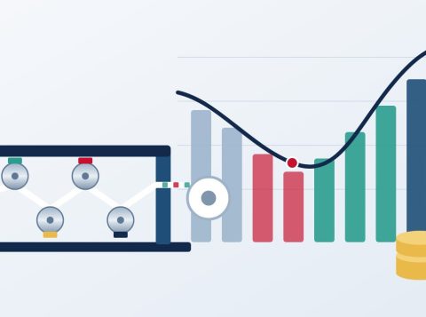 Turnaround de gráficas: impressora com a linha de resultados caindo e voltando a subir